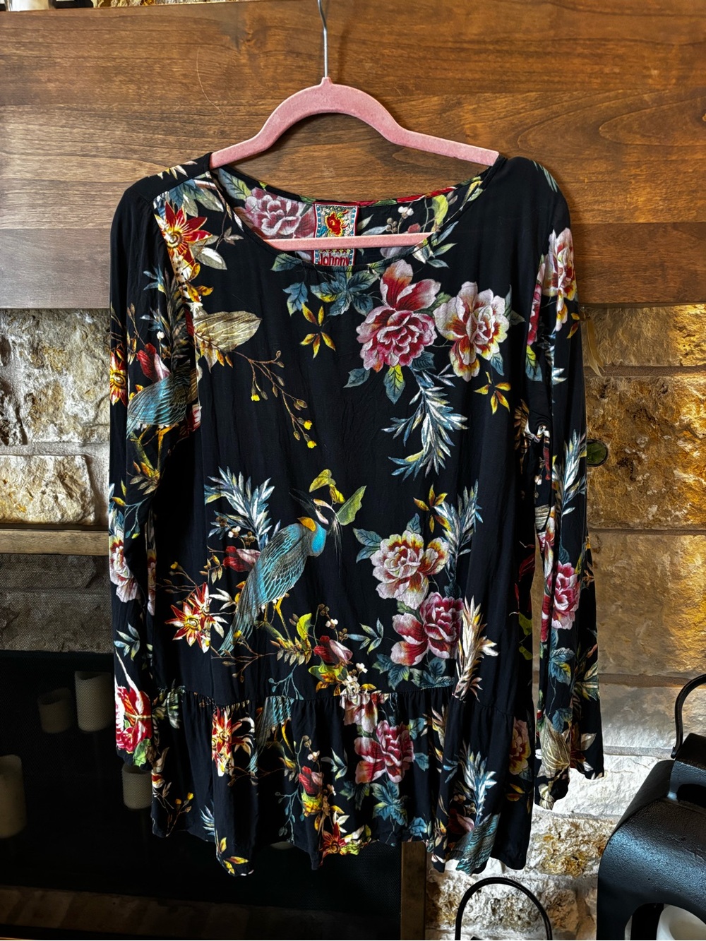 Johnny Was Black Floral Embroidered Neckline Top